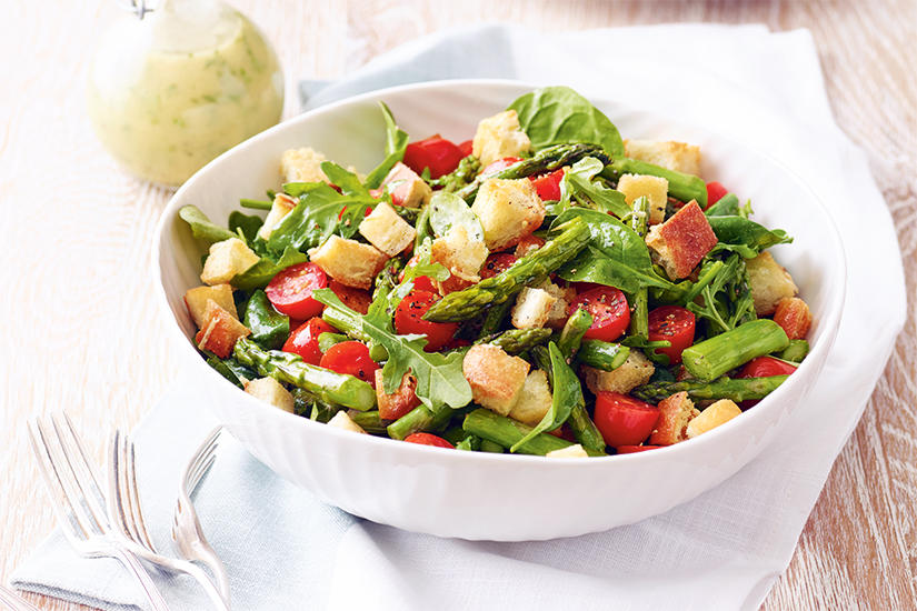 Roasted asparagus salad with parmesan croutons