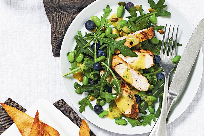Edamame and blueberry salad with herbed chicken